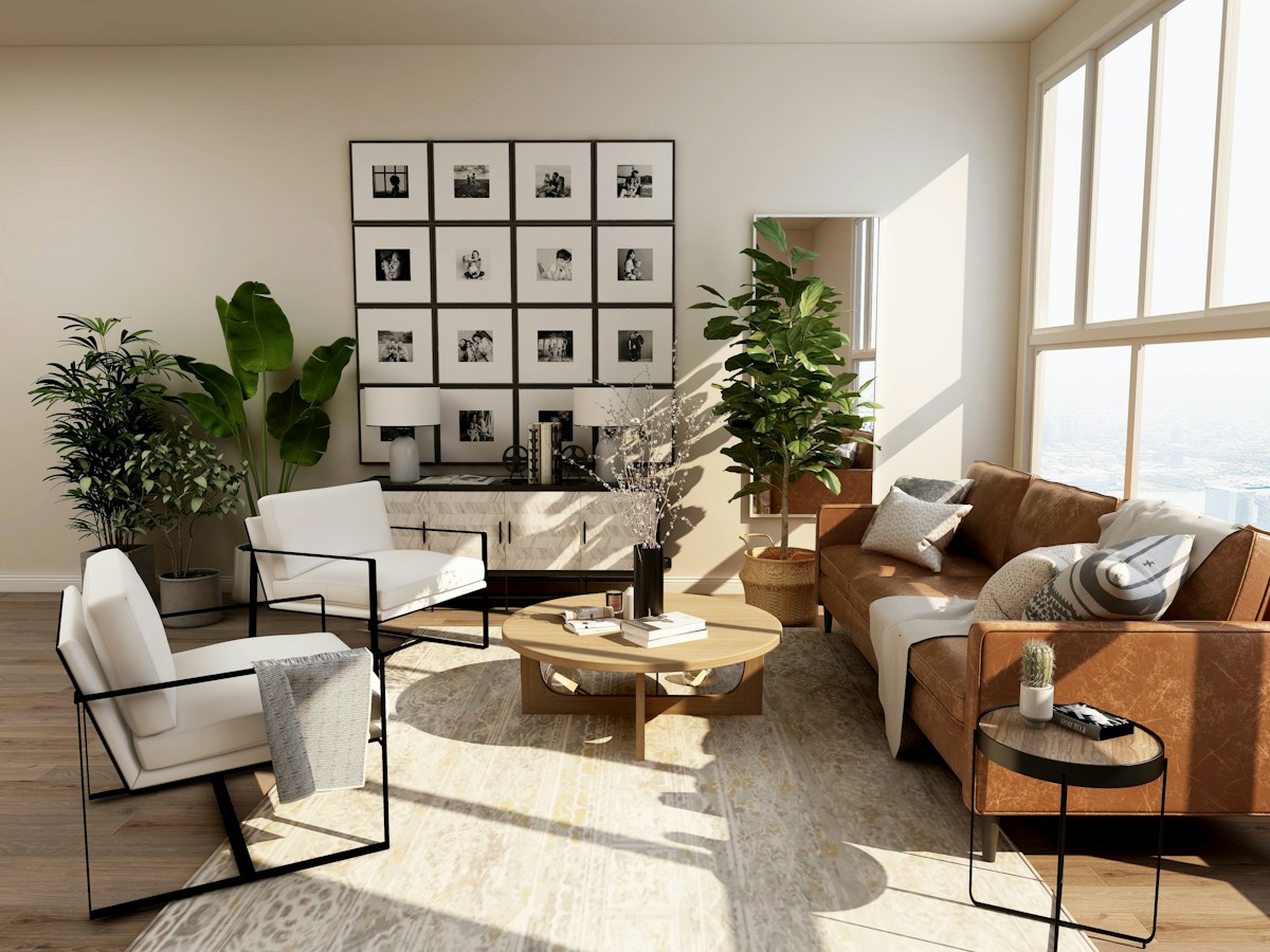 A calm living room filled with warm daylight